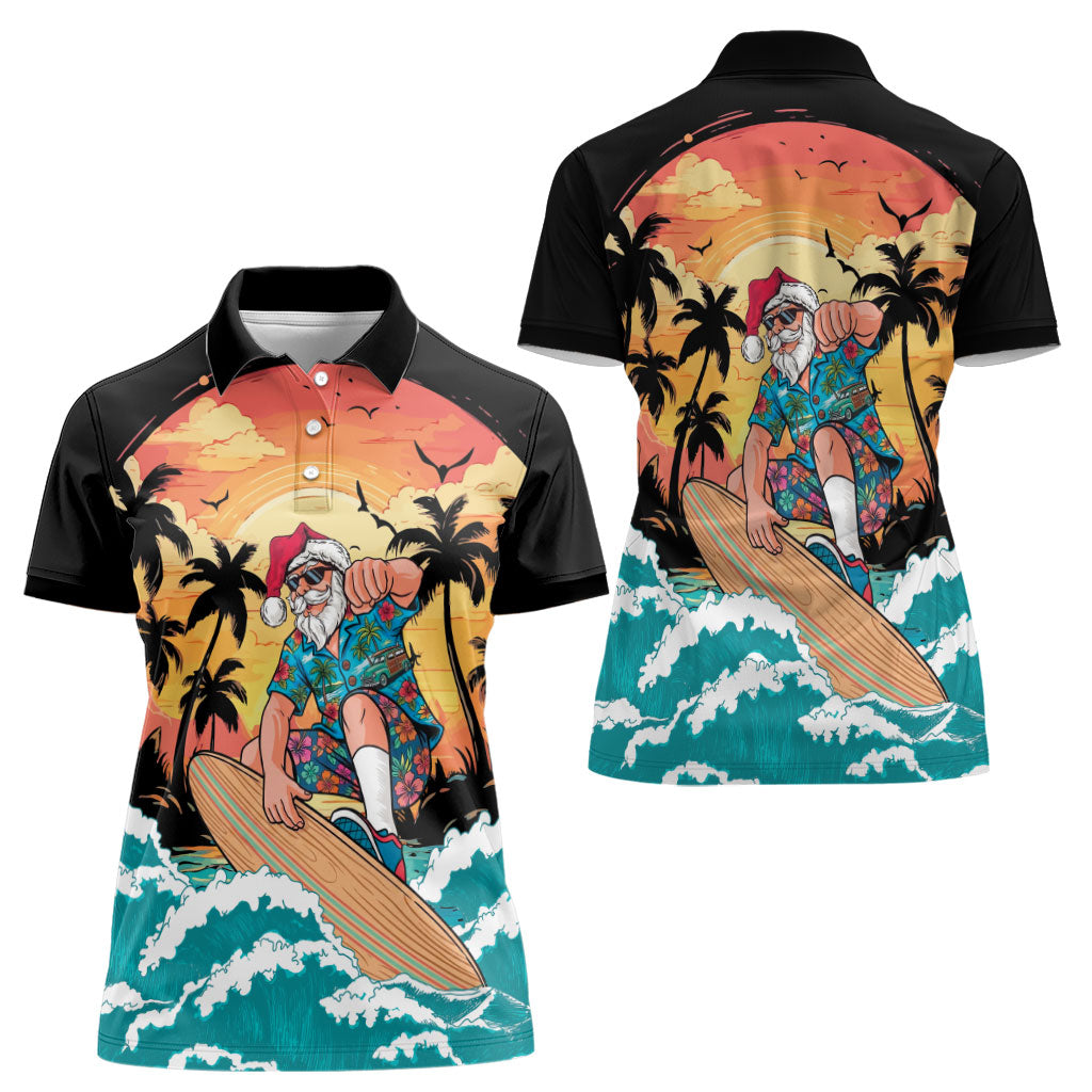 Vintage Santa Claus Surfing Summer Women Polo Shirt Mele Kalikimaka i Iulai! LT9 - Polynesian Pride