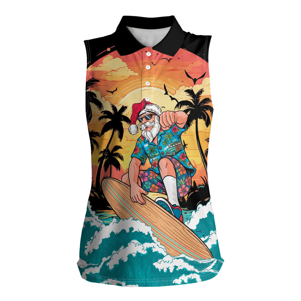 Vintage Santa Claus Surfing Summer Women Sleeveless Polo Shirt Mele Kalikimaka i Iulai! LT9 Female Black - Polynesian Pride