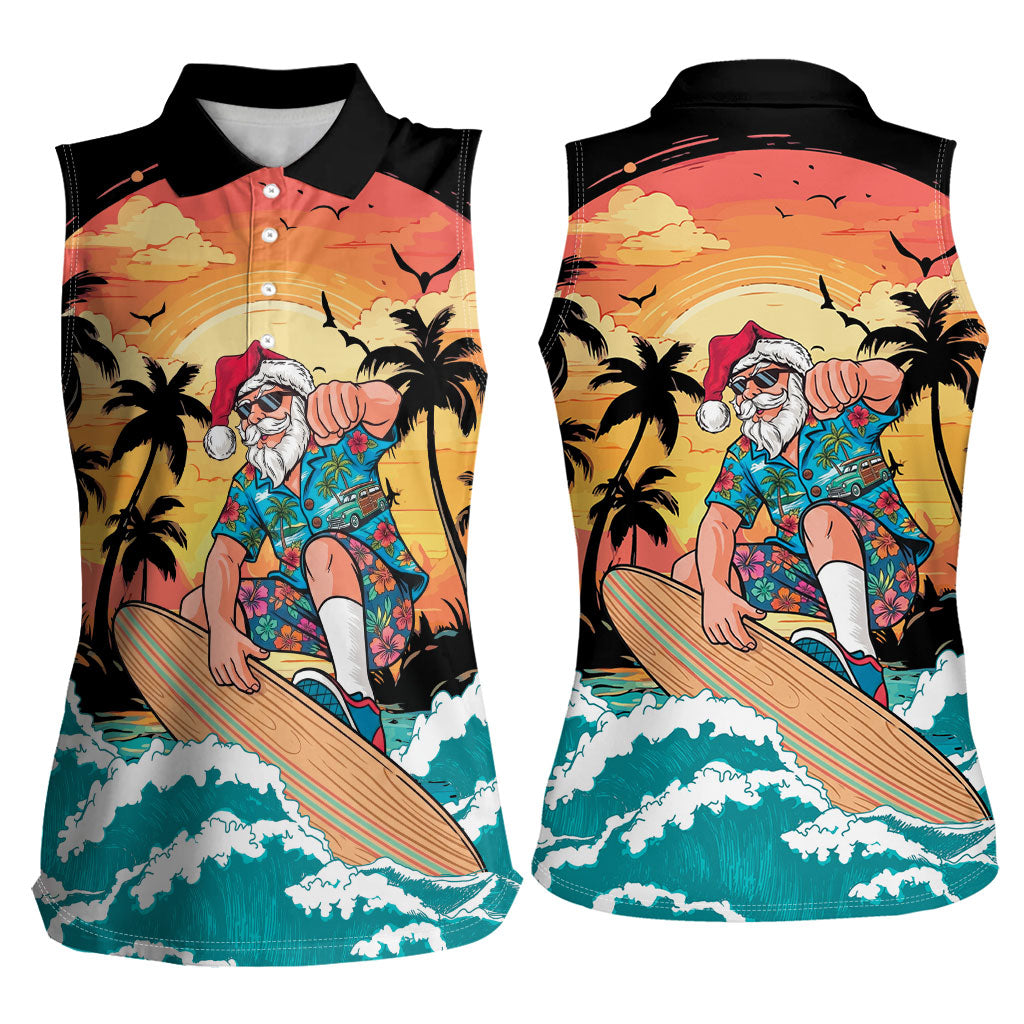 Vintage Santa Claus Surfing Summer Women Sleeveless Polo Shirt Mele Kalikimaka i Iulai! LT9 - Polynesian Pride