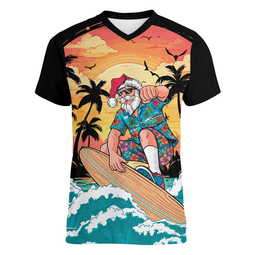Vintage Santa Claus Surfing Summer Women V-Neck T-Shirt Mele Kalikimaka i Iulai! LT9 Female Black - Polynesian Pride