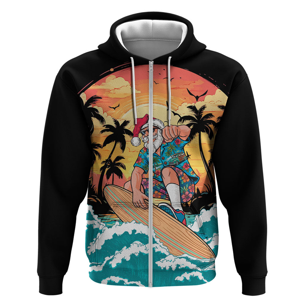 Vintage Santa Claus Surfing Summer Zip Hoodie Mele Kalikimaka i Iulai! LT9 Zip Hoodie Black - Polynesian Pride