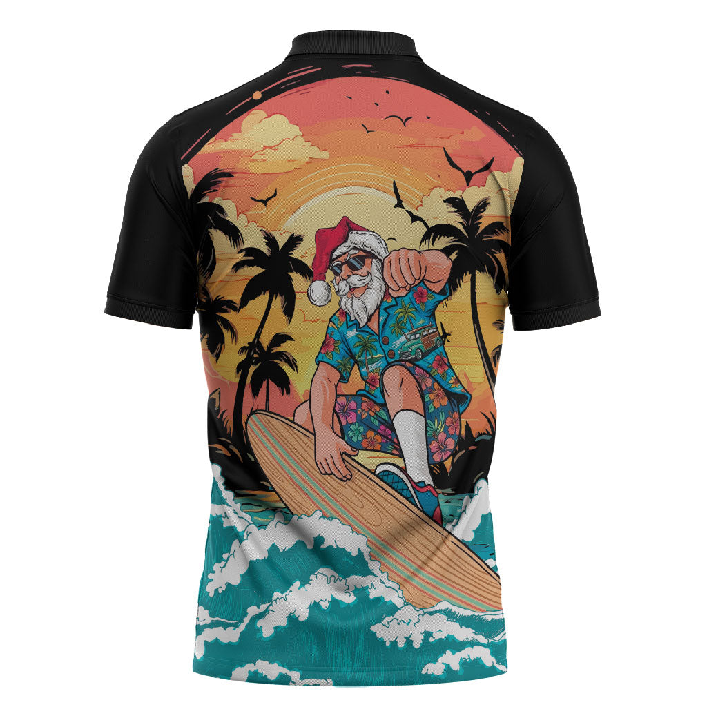 Vintage Santa Claus Surfing Summer Zipper Polo Shirt Mele Kalikimaka i Iulai!