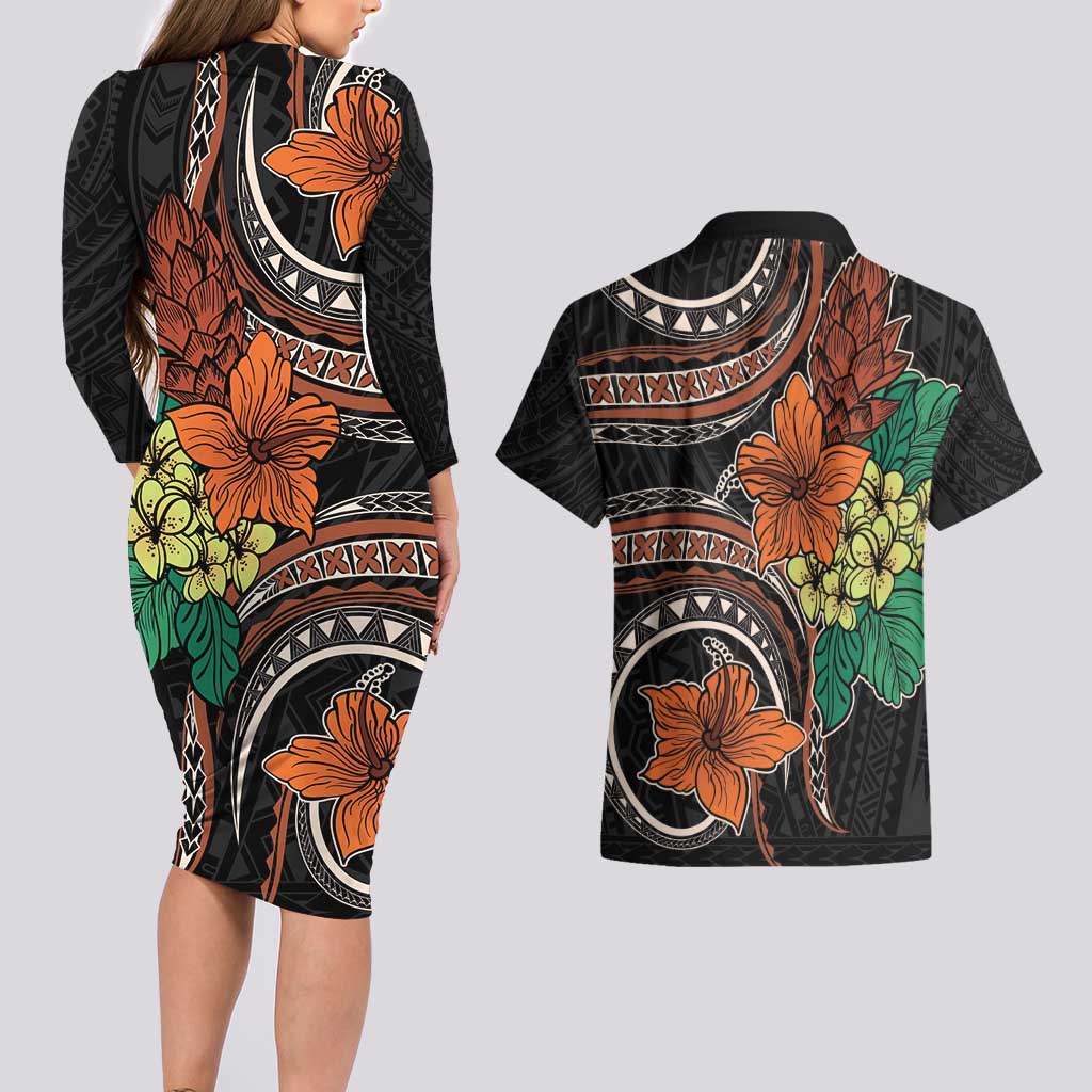 Vintage Hibiscus Pacific Floral Couples Matching Long Sleeve Bodycon Dress and Hawaiian Shirt LT9 - Polynesian Pride