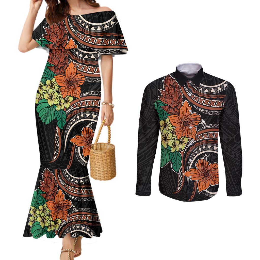 Vintage Hibiscus Pacific Floral Couples Matching Mermaid Dress and Long Sleeve Button Shirt