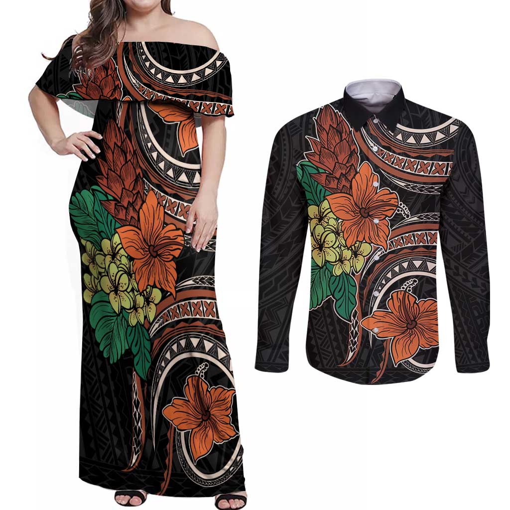 Vintage Hibiscus Pacific Floral Couples Matching Off Shoulder Maxi Dress and Long Sleeve Button Shirt