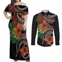 Vintage Hibiscus Pacific Floral Couples Matching Off Shoulder Maxi Dress and Long Sleeve Button Shirt