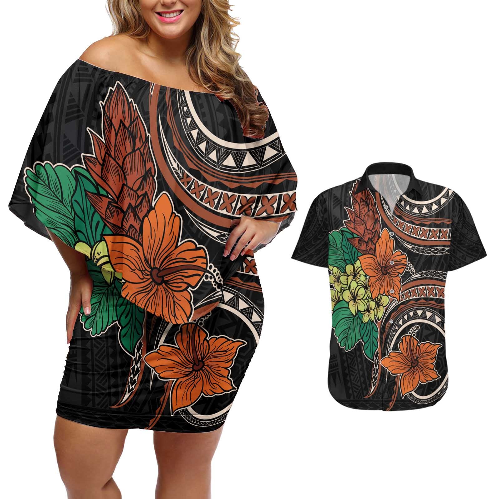 Vintage Hibiscus Pacific Floral Couples Matching Off Shoulder Short Dress and Hawaiian Shirt