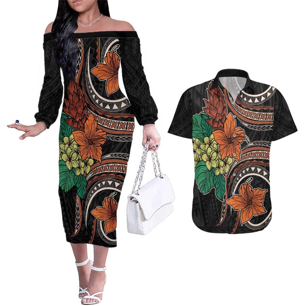 Vintage Hibiscus Pacific Floral Couples Matching Off The Shoulder Long Sleeve Dress and Hawaiian Shirt