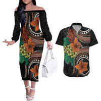 Vintage Hibiscus Pacific Floral Couples Matching Off The Shoulder Long Sleeve Dress and Hawaiian Shirt LT9 Black - Polynesian Pride