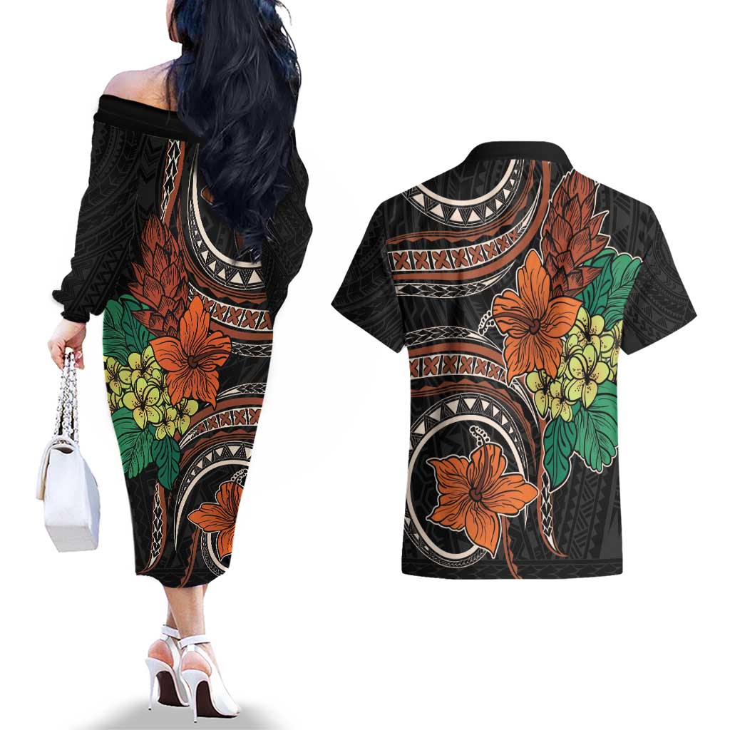 Vintage Hibiscus Pacific Floral Couples Matching Off The Shoulder Long Sleeve Dress and Hawaiian Shirt LT9 - Polynesian Pride