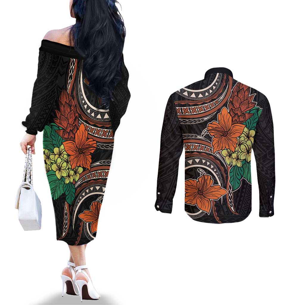 Vintage Hibiscus Pacific Floral Couples Matching Off The Shoulder Long Sleeve Dress and Long Sleeve Button Shirt