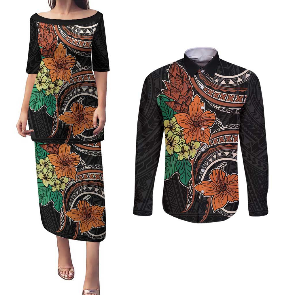 Vintage Hibiscus Pacific Floral Couples Matching Puletasi and Long Sleeve Button Shirt