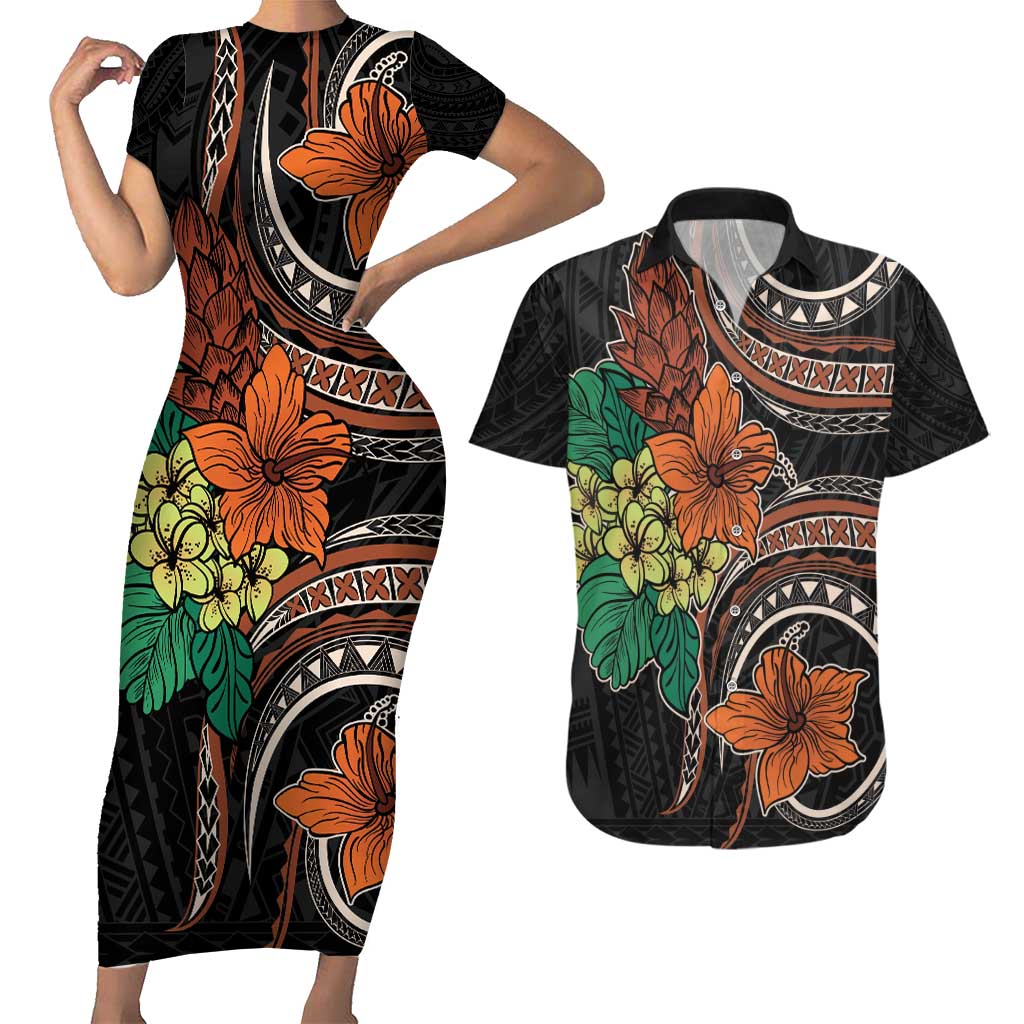 Vintage Hibiscus Pacific Floral Couples Matching Short Sleeve Bodycon Dress and Hawaiian Shirt LT9 Black - Polynesian Pride