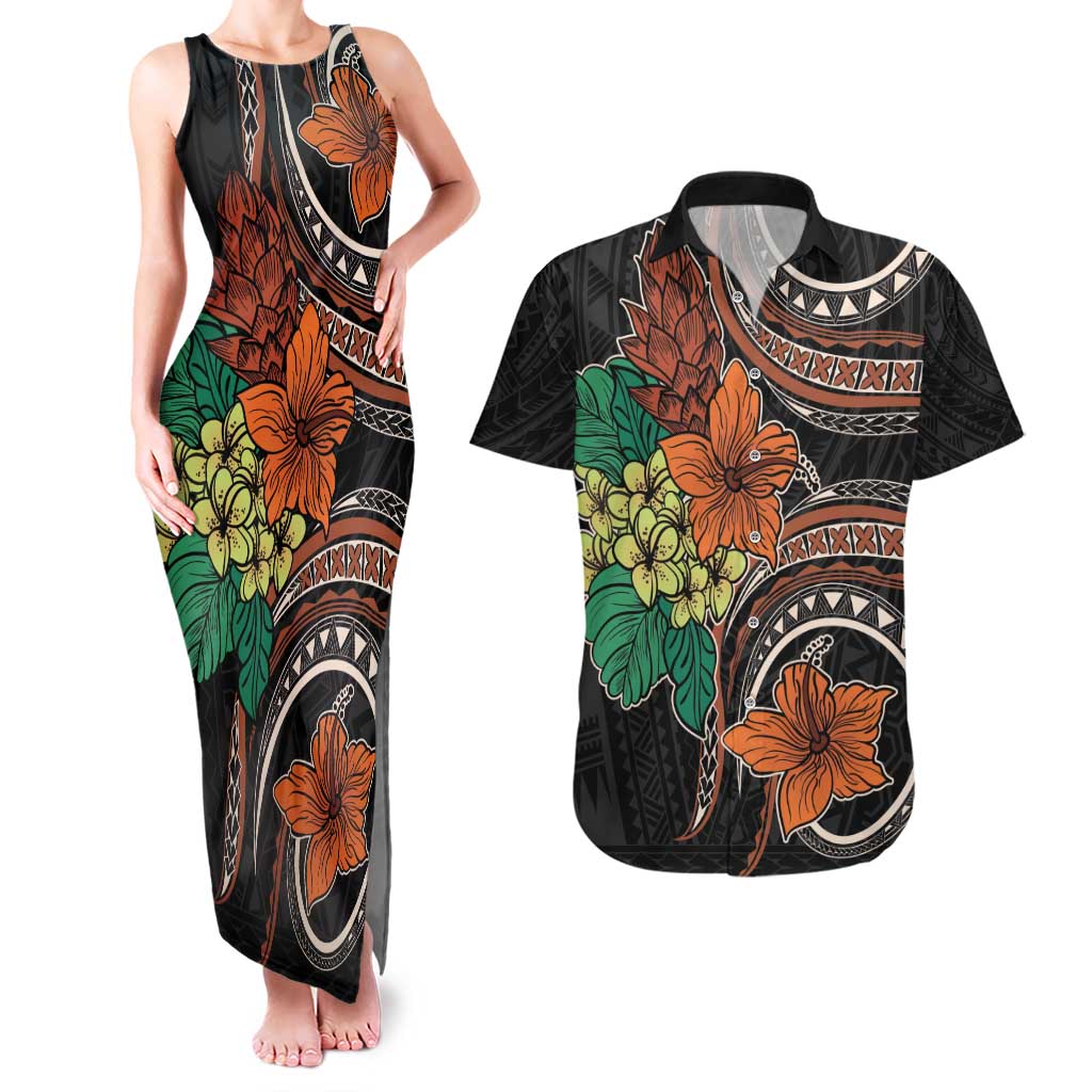 Vintage Hibiscus Pacific Floral Couples Matching Tank Maxi Dress and Hawaiian Shirt