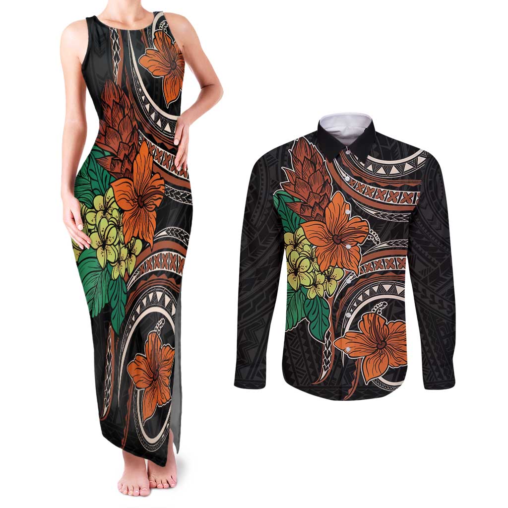 Vintage Hibiscus Pacific Floral Couples Matching Tank Maxi Dress and Long Sleeve Button Shirt