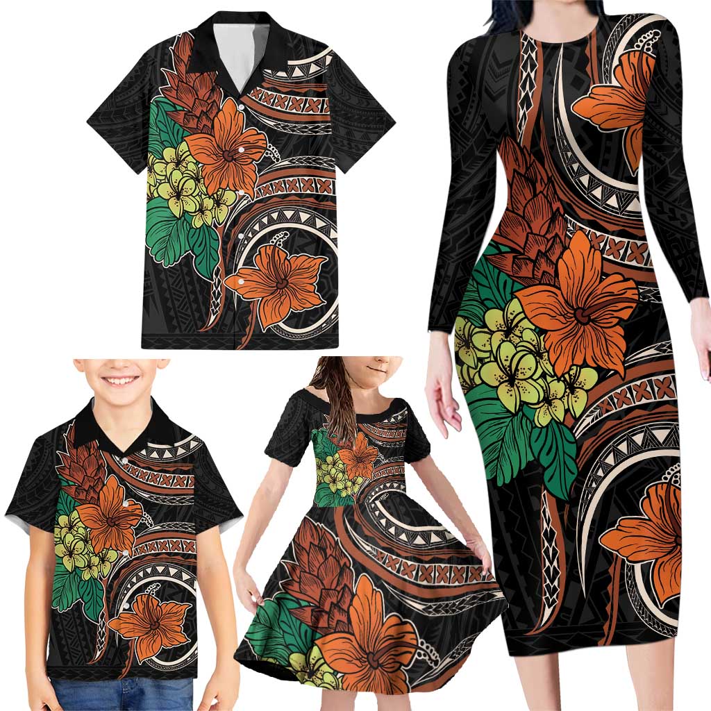 Vintage Hibiscus Pacific Floral Family Matching Long Sleeve Bodycon Dress and Hawaiian Shirt LT9 - Polynesian Pride