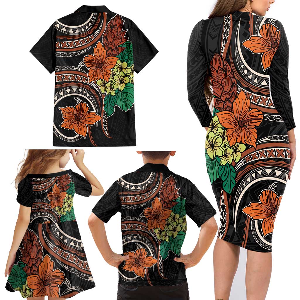 Vintage Hibiscus Pacific Floral Family Matching Long Sleeve Bodycon Dress and Hawaiian Shirt LT9 - Polynesian Pride