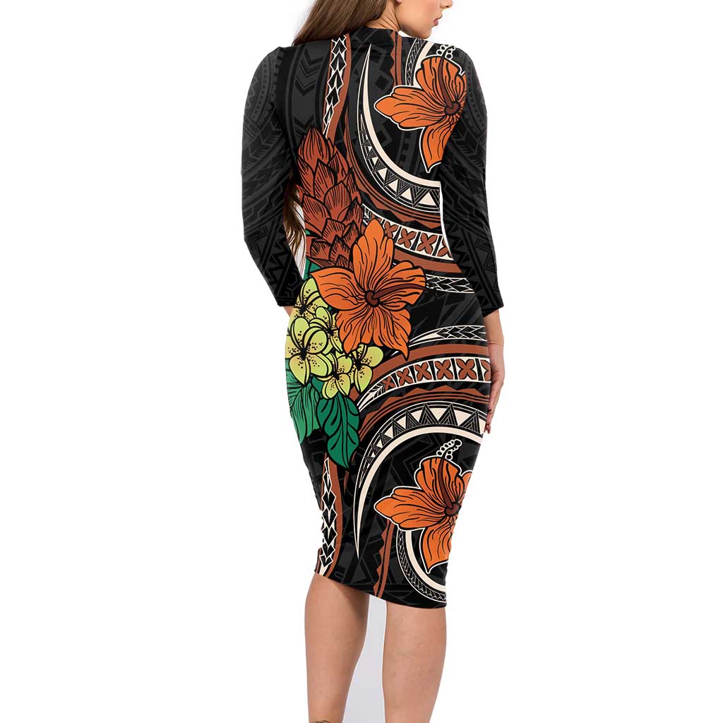Vintage Hibiscus Pacific Floral Family Matching Long Sleeve Bodycon Dress and Hawaiian Shirt LT9 - Polynesian Pride