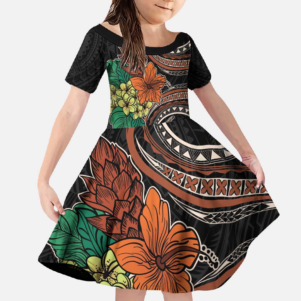 Vintage Hibiscus Pacific Floral Family Matching Mermaid Dress and Hawaiian Shirt LT9 Daughter's Dress Black - Polynesian Pride