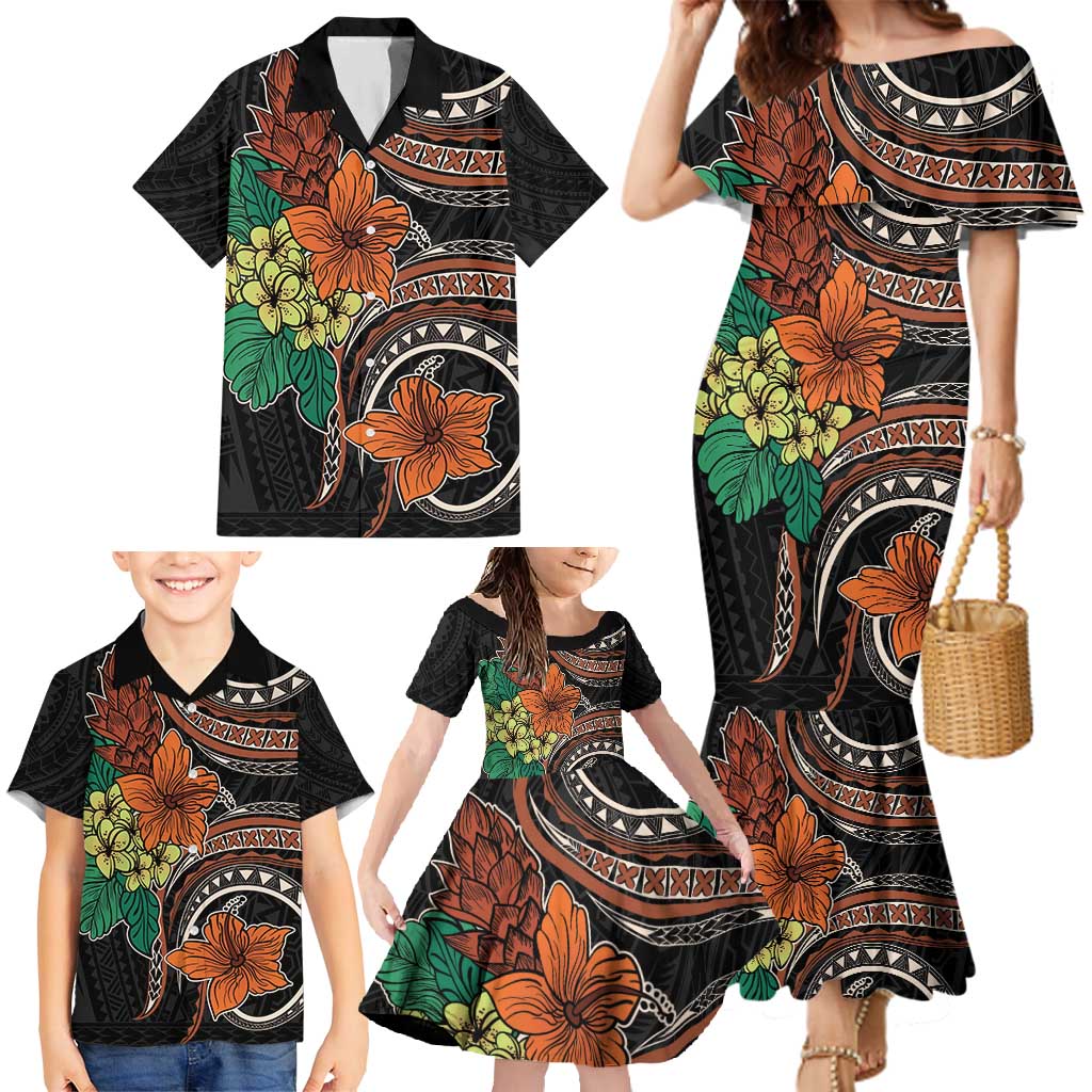 Vintage Hibiscus Pacific Floral Family Matching Mermaid Dress and Hawaiian Shirt