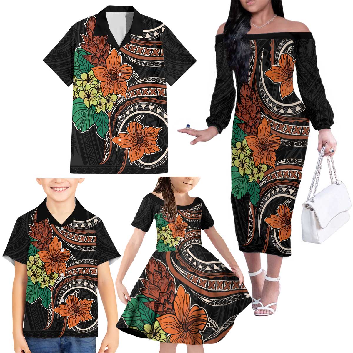 Vintage Hibiscus Pacific Floral Family Matching Off The Shoulder Long Sleeve Dress and Hawaiian Shirt LT9 - Polynesian Pride