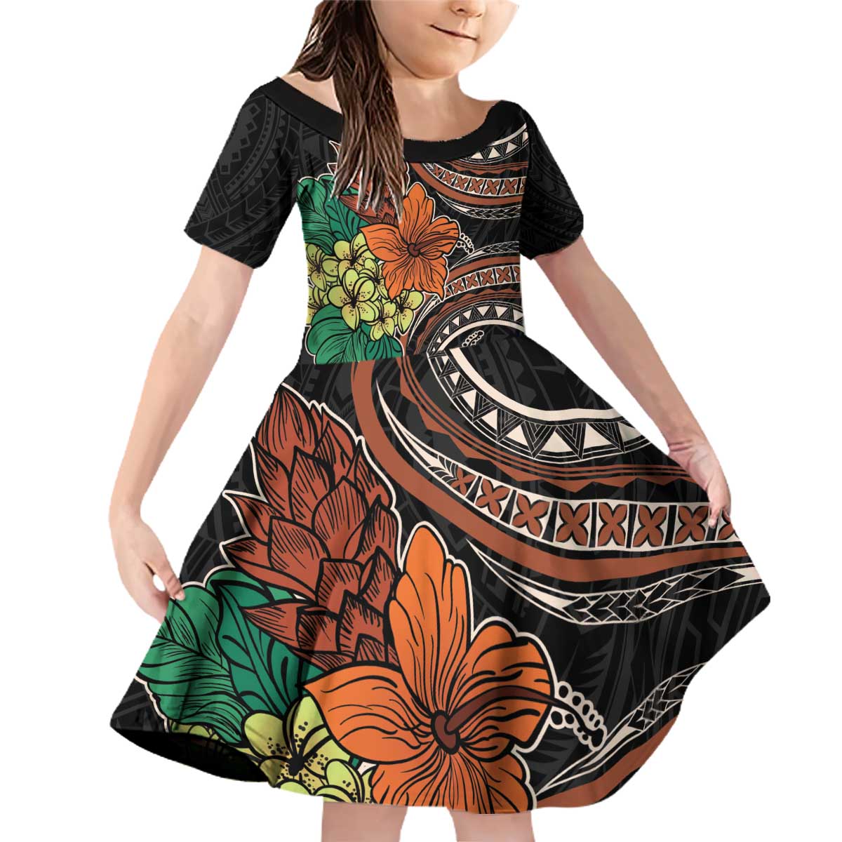 Vintage Hibiscus Pacific Floral Family Matching Off Shoulder Short Dress and Hawaiian Shirt LT9 Daughter's Dress Black - Polynesian Pride