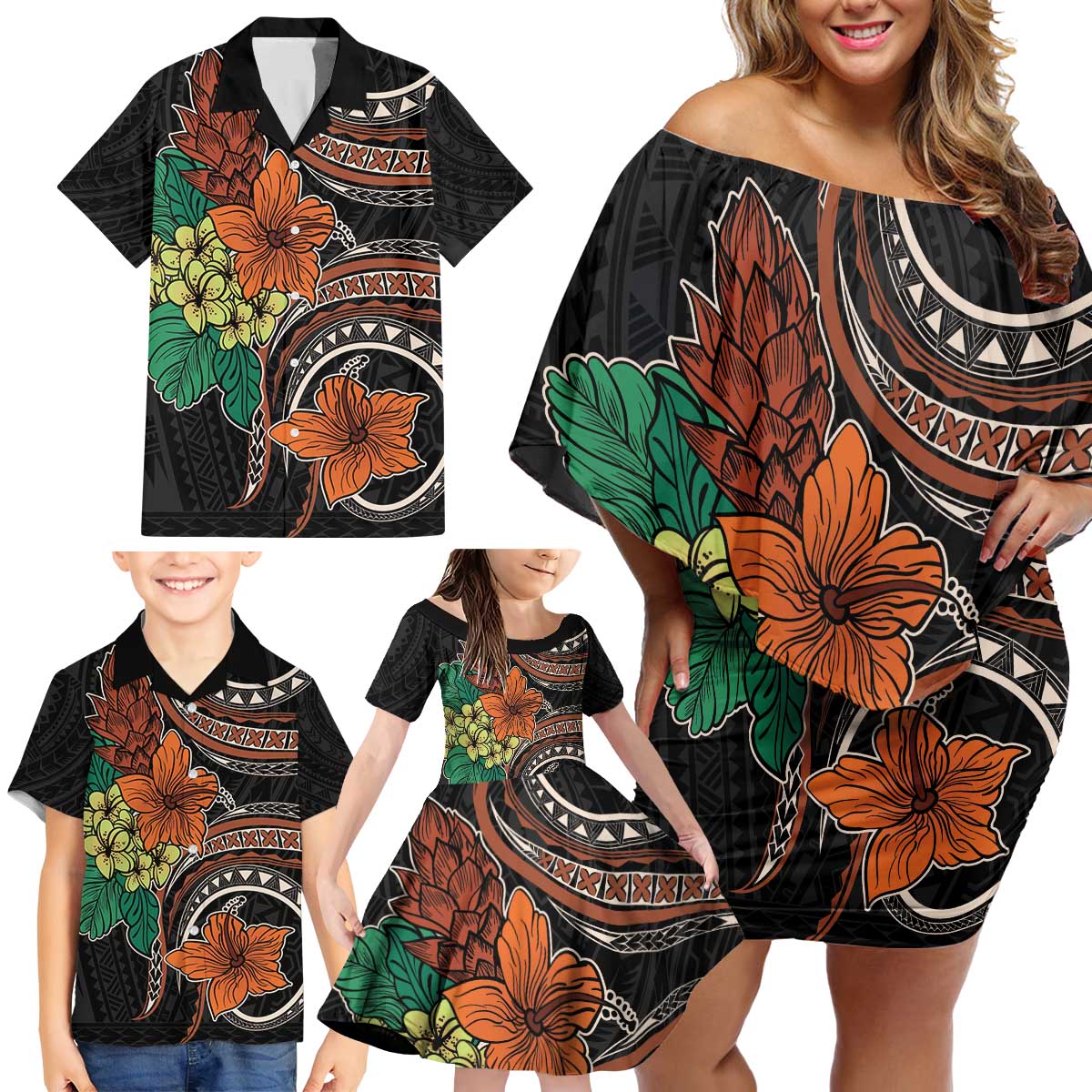 Vintage Hibiscus Pacific Floral Family Matching Off Shoulder Short Dress and Hawaiian Shirt LT9 - Polynesian Pride