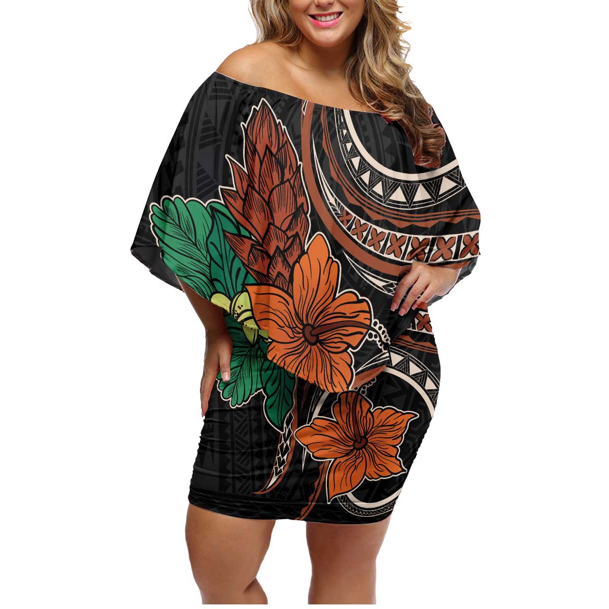 Vintage Hibiscus Pacific Floral Family Matching Off Shoulder Short Dress and Hawaiian Shirt LT9 Mom's Dress Black - Polynesian Pride