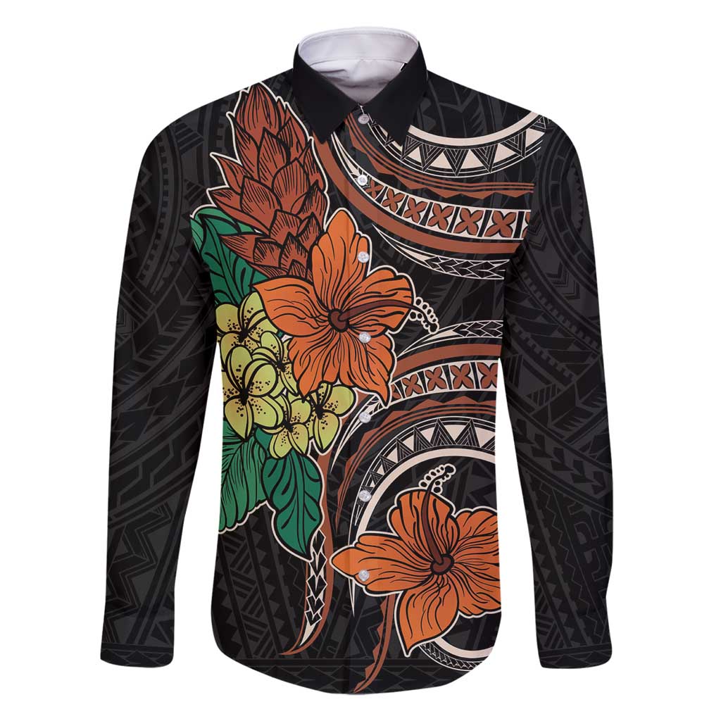 Vintage Hibiscus Pacific Floral Family Matching Summer Maxi Dress and Hawaiian Shirt LT9 Dad's Shirt - Long Sleeve Black - Polynesian Pride