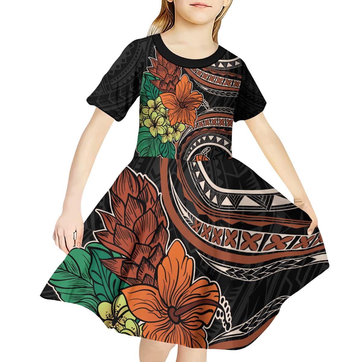 Vintage Hibiscus Pacific Floral Kid Short Sleeve Dress