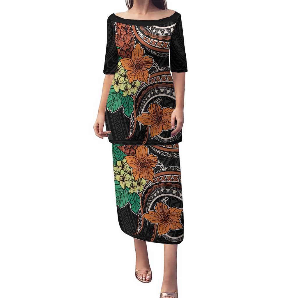 Vintage Hibiscus Pacific Floral Puletasi LT9 Long Dress Black - Polynesian Pride