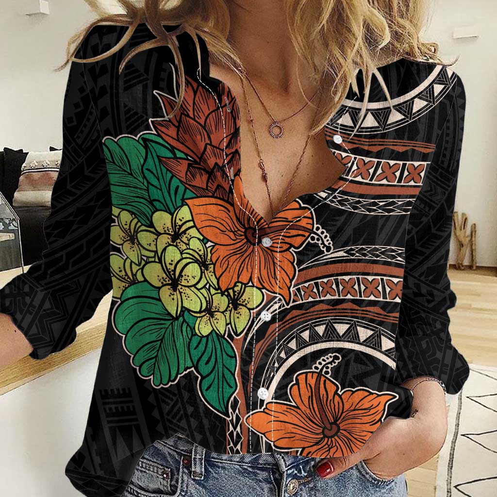 Vintage Hibiscus Pacific Floral Women Casual Shirt LT9 Female Black - Polynesian Pride