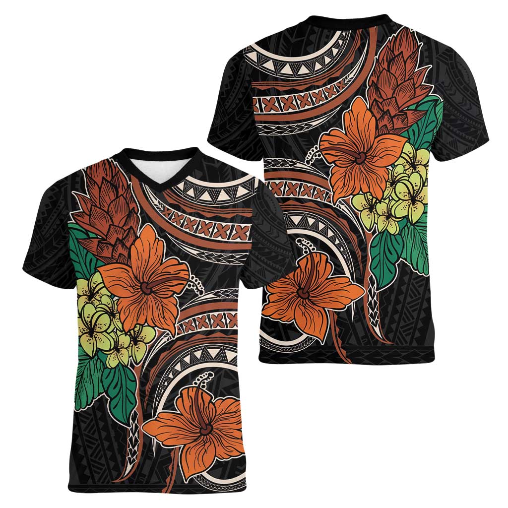 Vintage Hibiscus Pacific Floral Women V-Neck T-Shirt