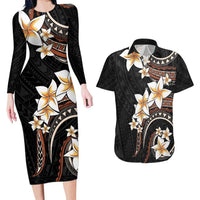 Vintage Plumeria Pacific Floral Couples Matching Long Sleeve Bodycon Dress and Hawaiian Shirt LT9 Black - Polynesian Pride