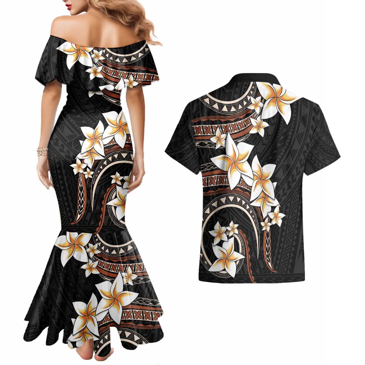 Vintage Plumeria Pacific Floral Couples Matching Mermaid Dress and Hawaiian Shirt LT9 - Polynesian Pride