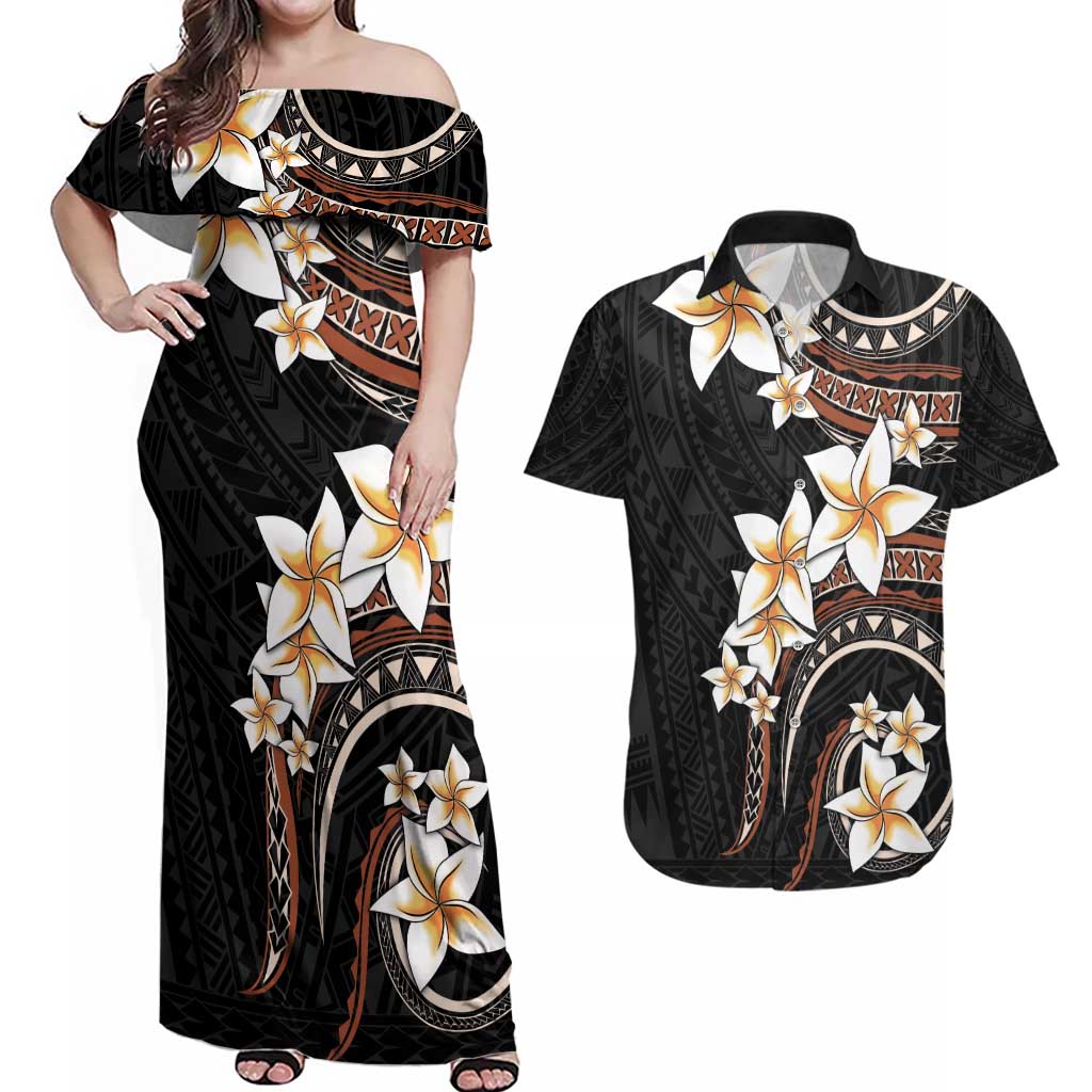 Vintage Plumeria Pacific Floral Couples Matching Off Shoulder Maxi Dress and Hawaiian Shirt LT9 Black - Polynesian Pride