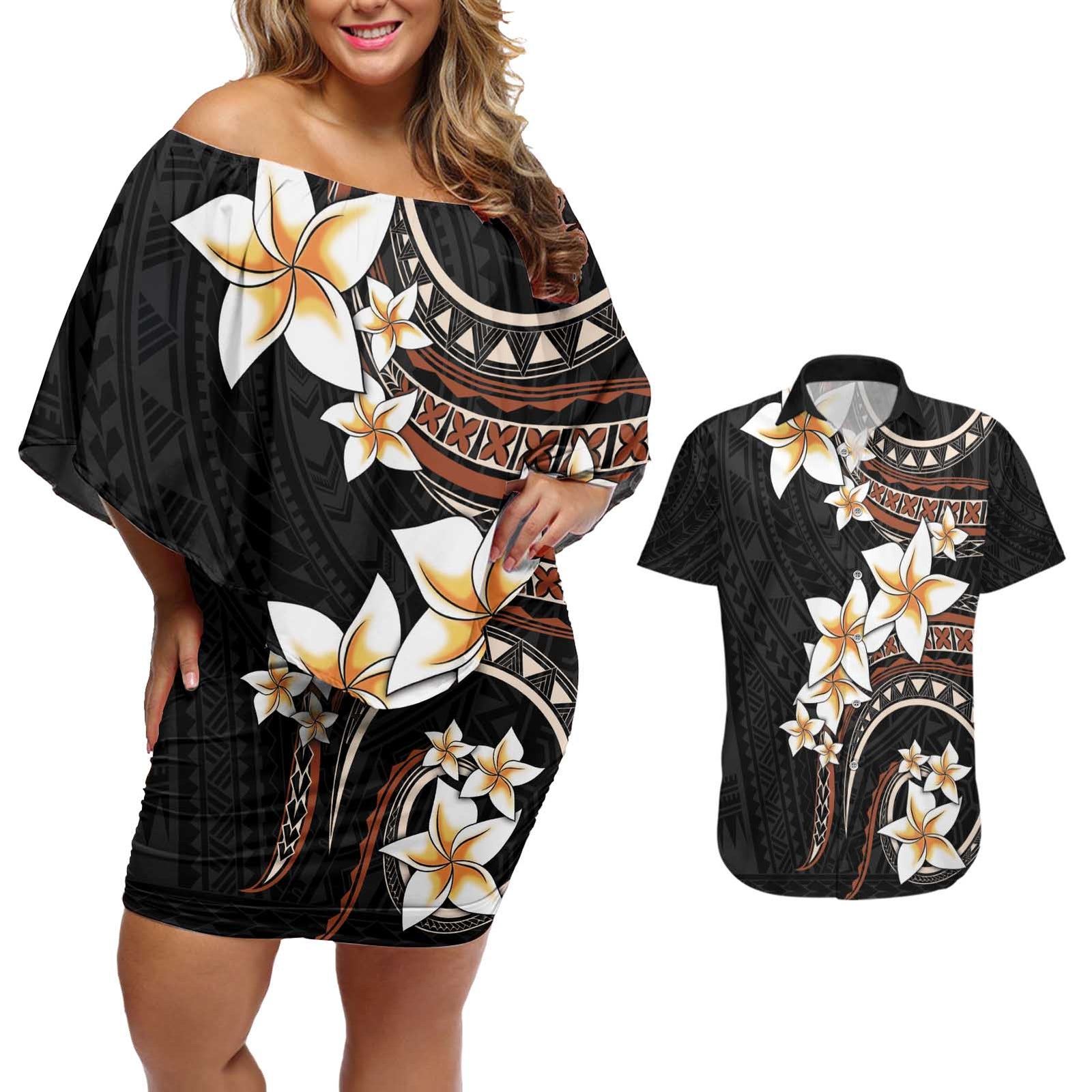 Vintage Plumeria Pacific Floral Couples Matching Off Shoulder Short Dress and Hawaiian Shirt