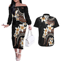 Vintage Plumeria Pacific Floral Couples Matching Off The Shoulder Long Sleeve Dress and Hawaiian Shirt LT9 Black - Polynesian Pride