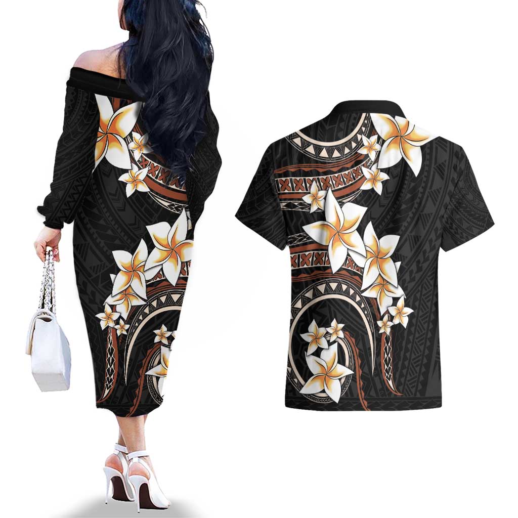 Vintage Plumeria Pacific Floral Couples Matching Off The Shoulder Long Sleeve Dress and Hawaiian Shirt LT9 - Polynesian Pride