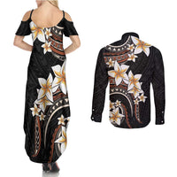 Vintage Plumeria Pacific Floral Couples Matching Summer Maxi Dress and Long Sleeve Button Shirt