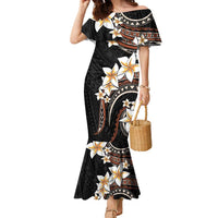 Vintage Plumeria Pacific Floral Family Matching Mermaid Dress and Hawaiian Shirt LT9 Mom's Dress Black - Polynesian Pride