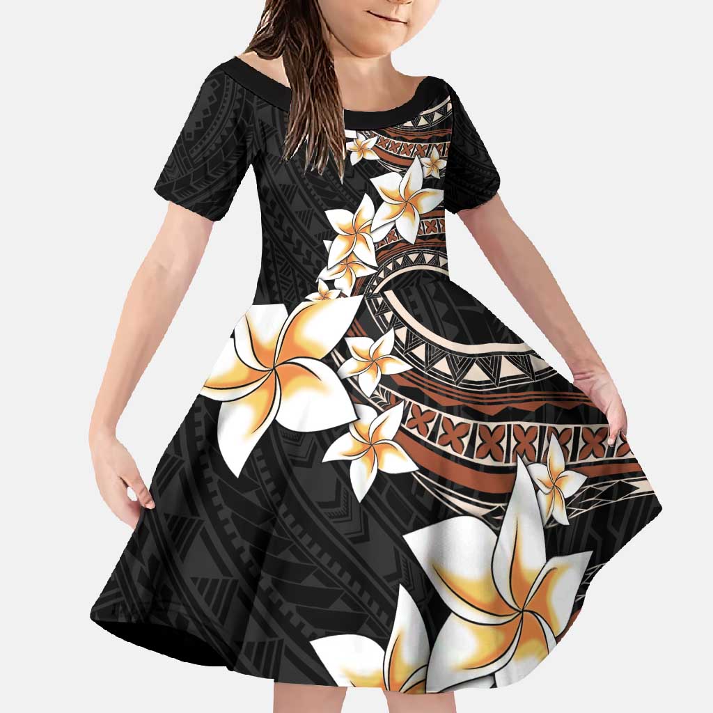 Vintage Plumeria Pacific Floral Family Matching Off Shoulder Maxi Dress and Hawaiian Shirt LT9 Daughter's Dress Black - Polynesian Pride
