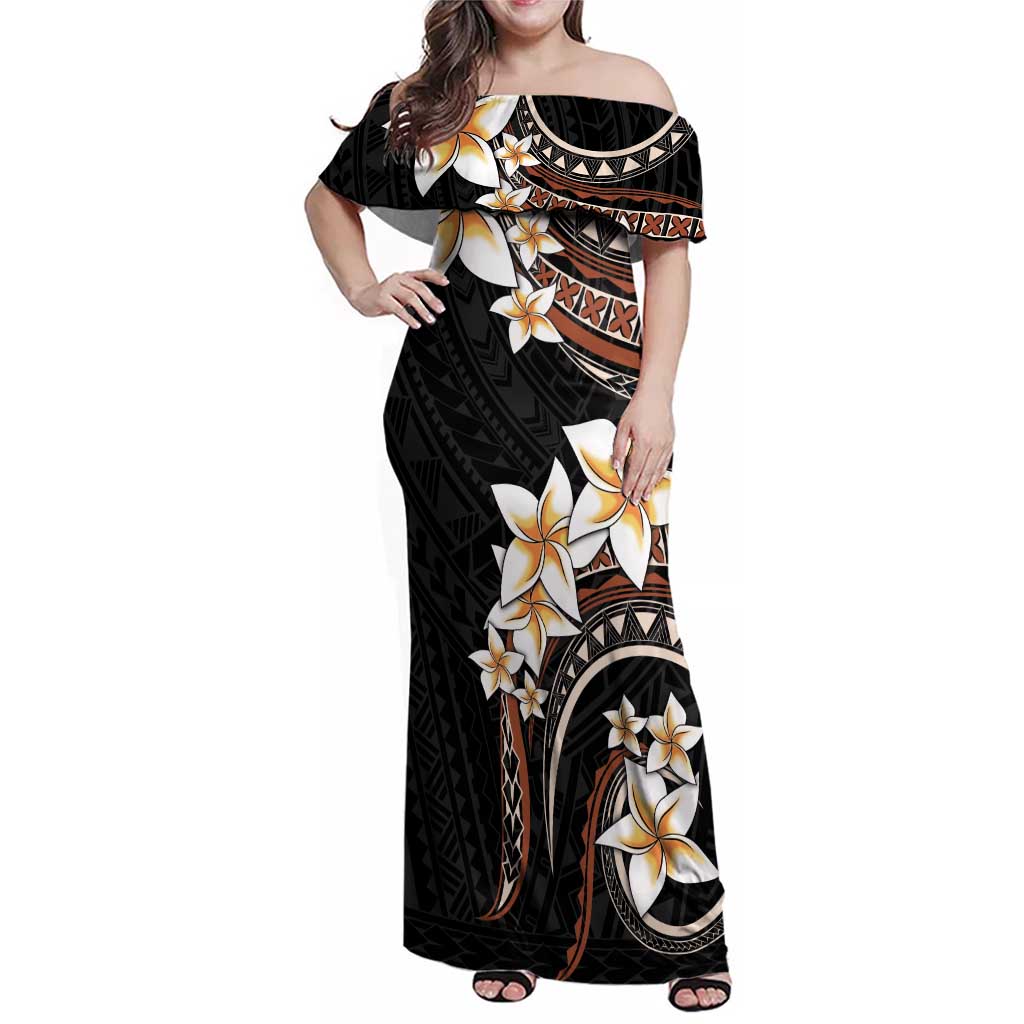Vintage Plumeria Pacific Floral Family Matching Off Shoulder Maxi Dress and Hawaiian Shirt LT9 Mom's Dress Black - Polynesian Pride