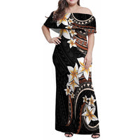 Vintage Plumeria Pacific Floral Family Matching Off Shoulder Maxi Dress and Hawaiian Shirt LT9 Mom's Dress Black - Polynesian Pride