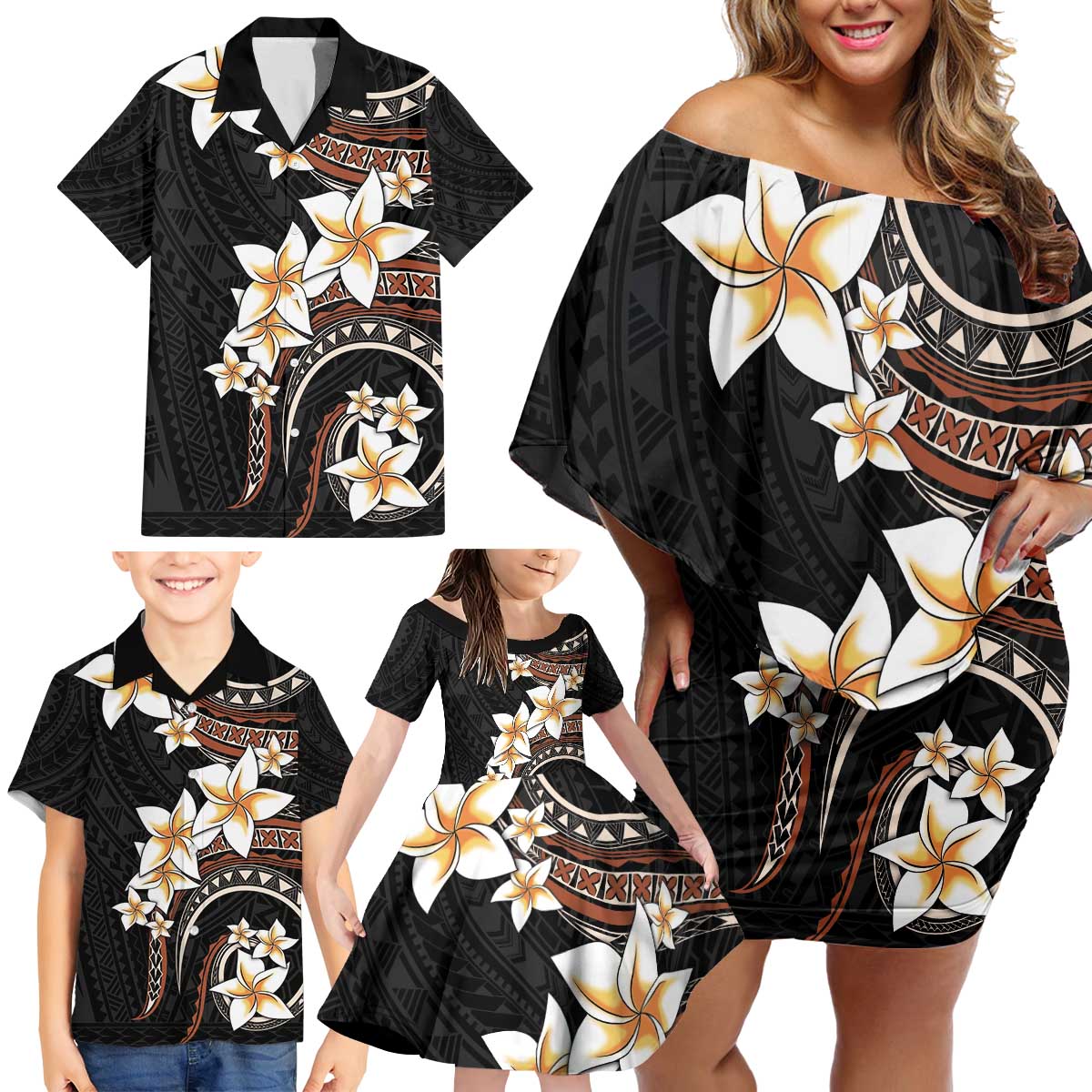 Vintage Plumeria Pacific Floral Family Matching Off Shoulder Short Dress and Hawaiian Shirt LT9 - Polynesian Pride