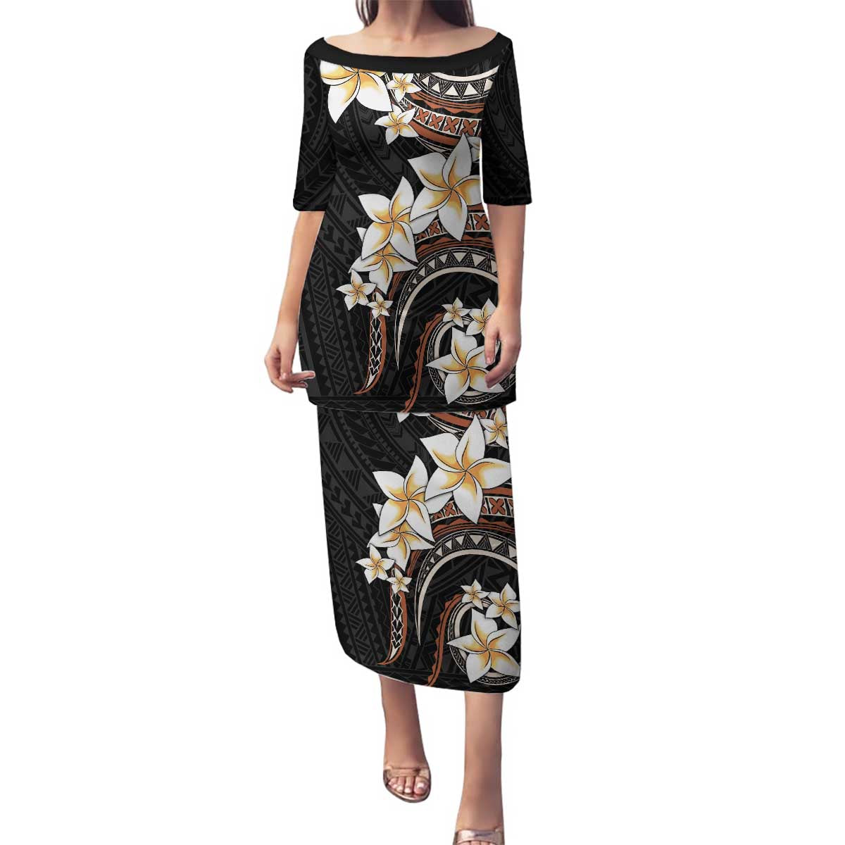 Vintage Plumeria Pacific Floral Family Matching Puletasi and Hawaiian Shirt LT9 Mom's Dress Black - Polynesian Pride