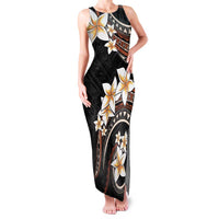 Vintage Plumeria Pacific Floral Family Matching Tank Maxi Dress and Hawaiian Shirt LT9 Mom's Dress Black - Polynesian Pride
