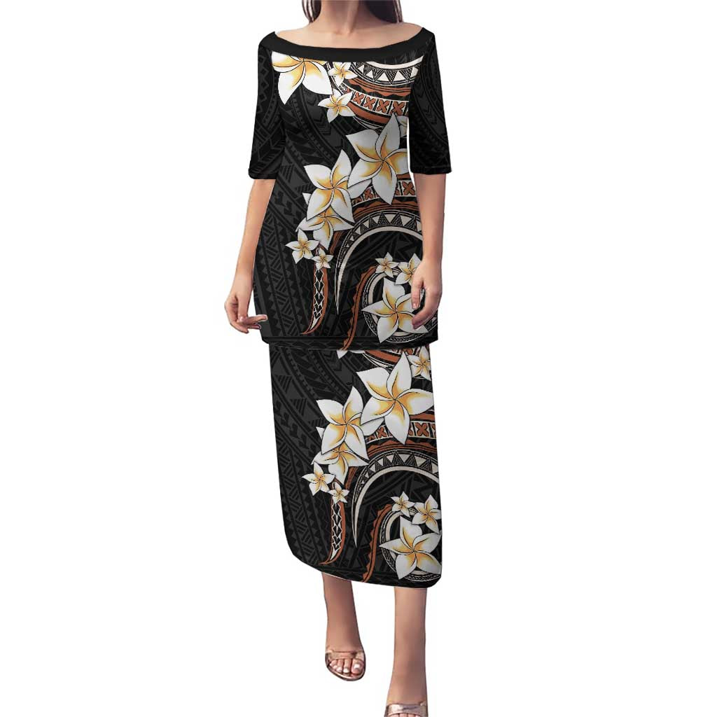 Vintage Plumeria Pacific Floral Puletasi LT9 Long Dress Black - Polynesian Pride