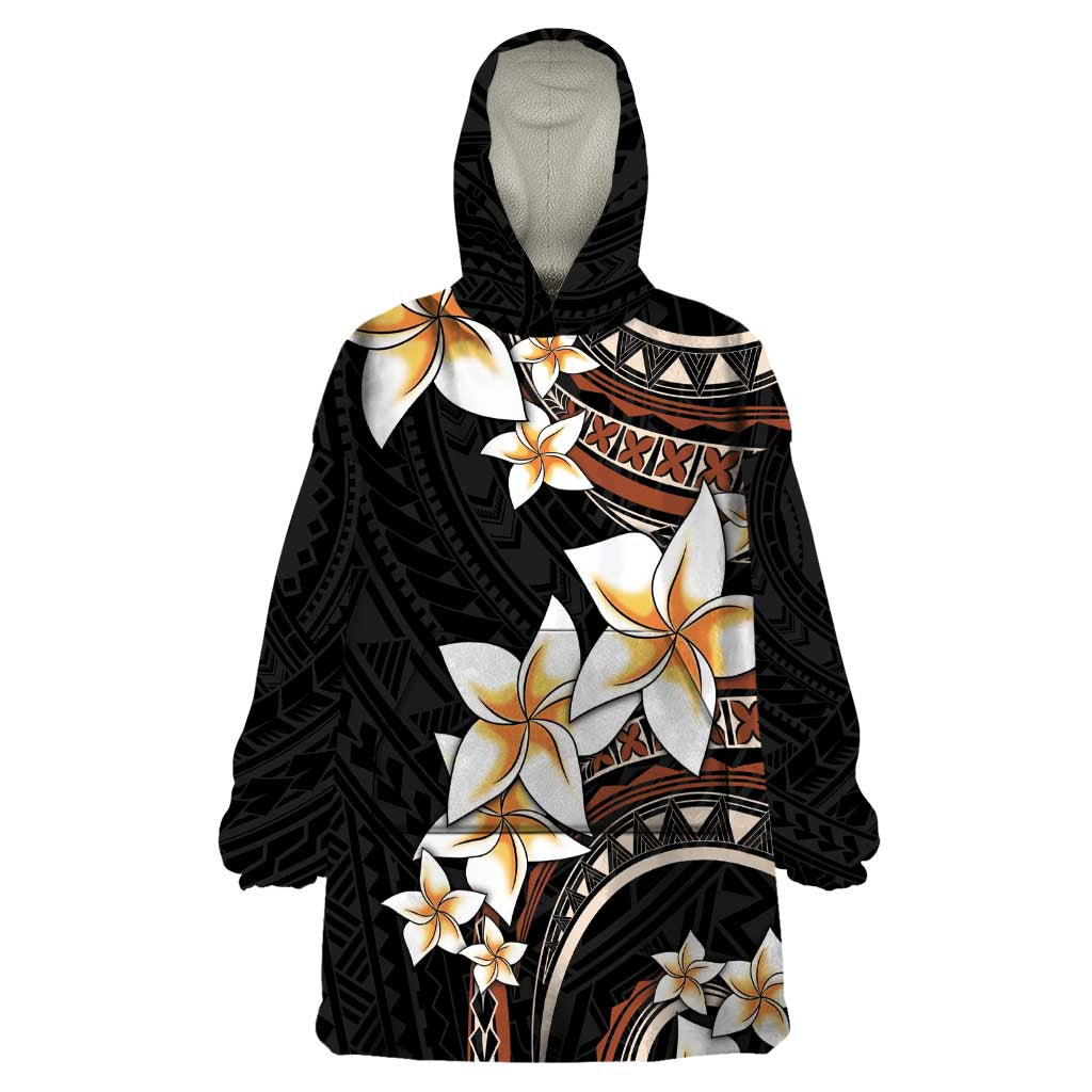 Vintage Plumeria Pacific Floral Wearable Blanket Hoodie LT9 One Size Black - Polynesian Pride