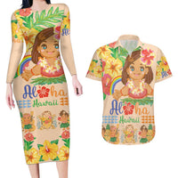 Kawaii Hula Girls Couples Matching Long Sleeve Bodycon Dress and Hawaiian Shirt Aloha Hibiscus Flowers LT9 Nude - Polynesian Pride